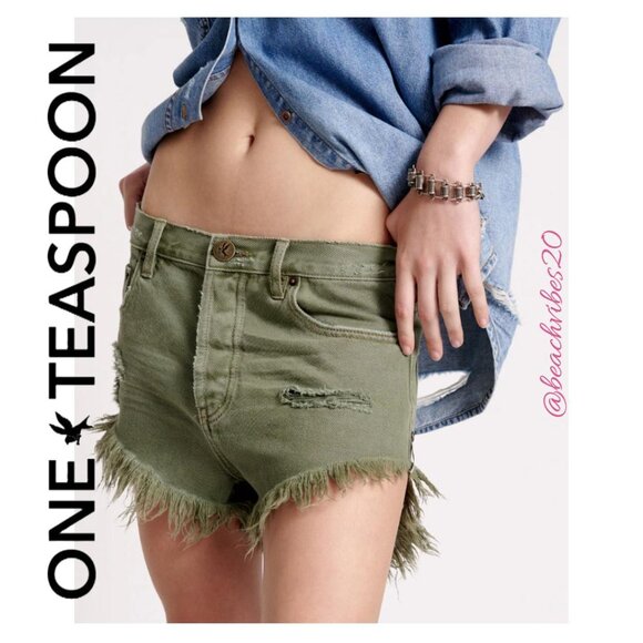 ONE TEASPOON Outlaws Low Waist Mid Length Denim Shorts Military Khaki 30 NWT - Picture 3 of 7